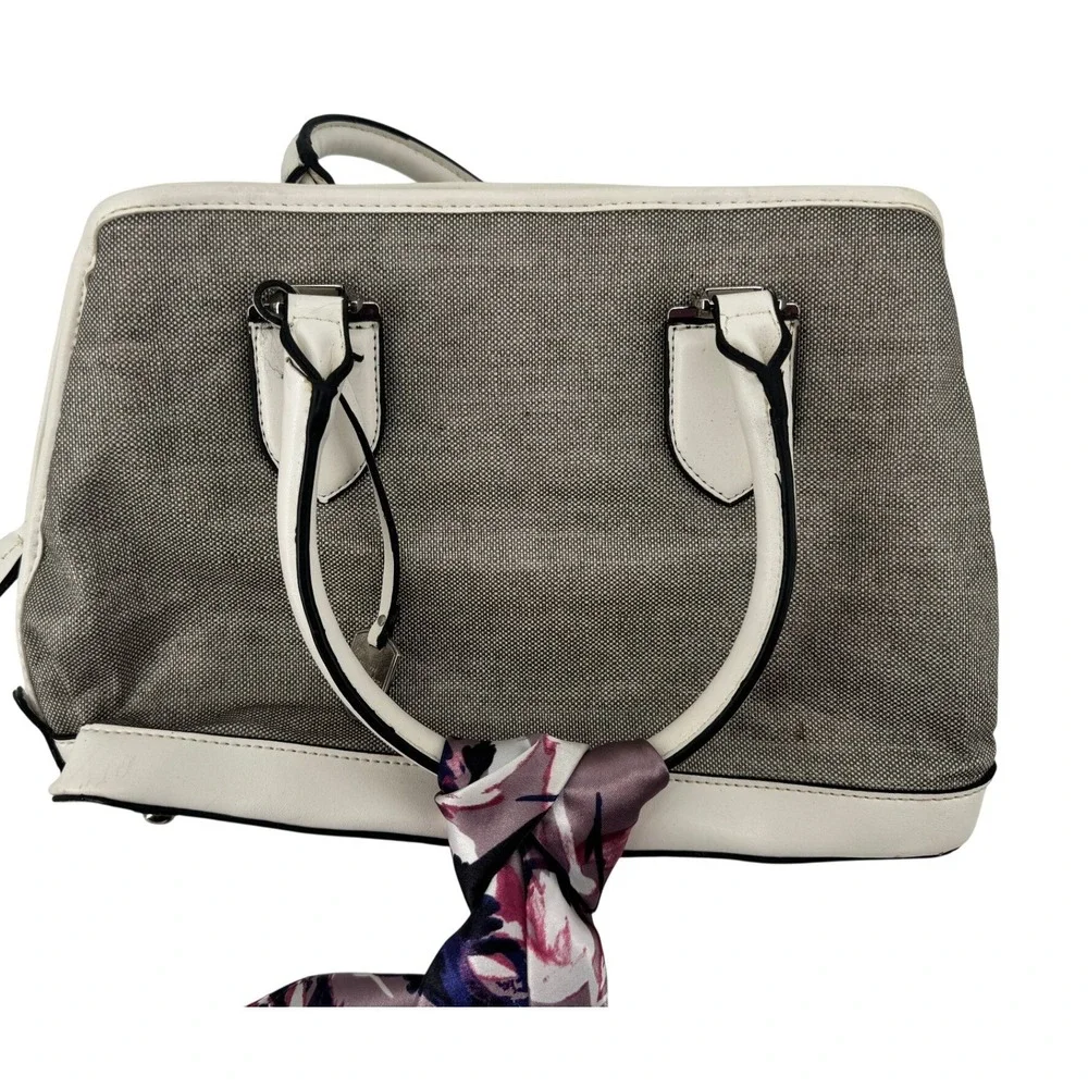 London Fog Satchel Handbag Womens Medium Grey White Faux Leather Scarf Detail‎